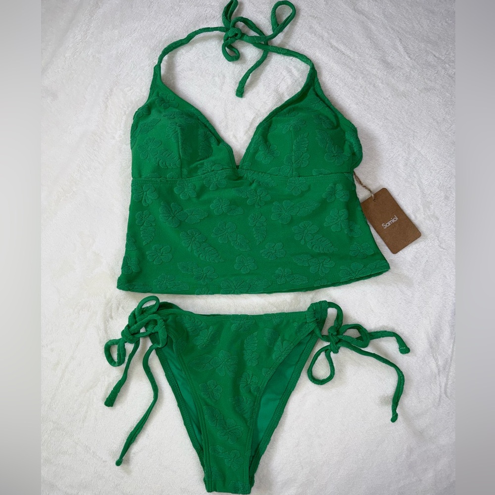 Samiol Medium Green Tropical Floral Terry Tankini Swimsuit New Size Medium - Picture 3 of 12